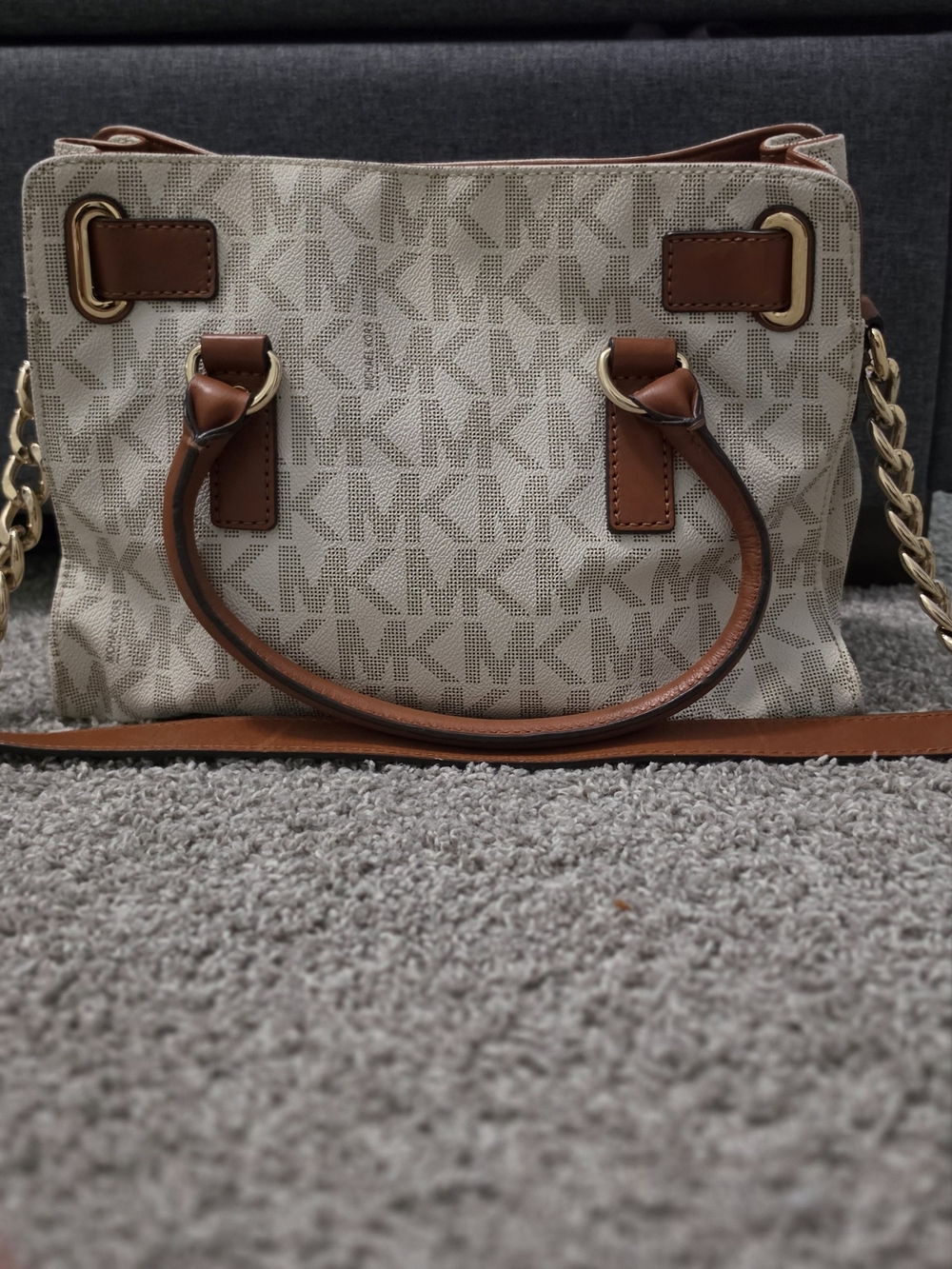 Michael Kors Beige Logo Satchel with Brown Trim and Gold Hardware - Picture 2 of 2